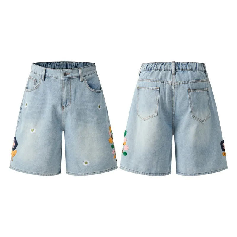 Retro washed cotton workwear shorts in loose fit with elastic waistband, shown in grey colour