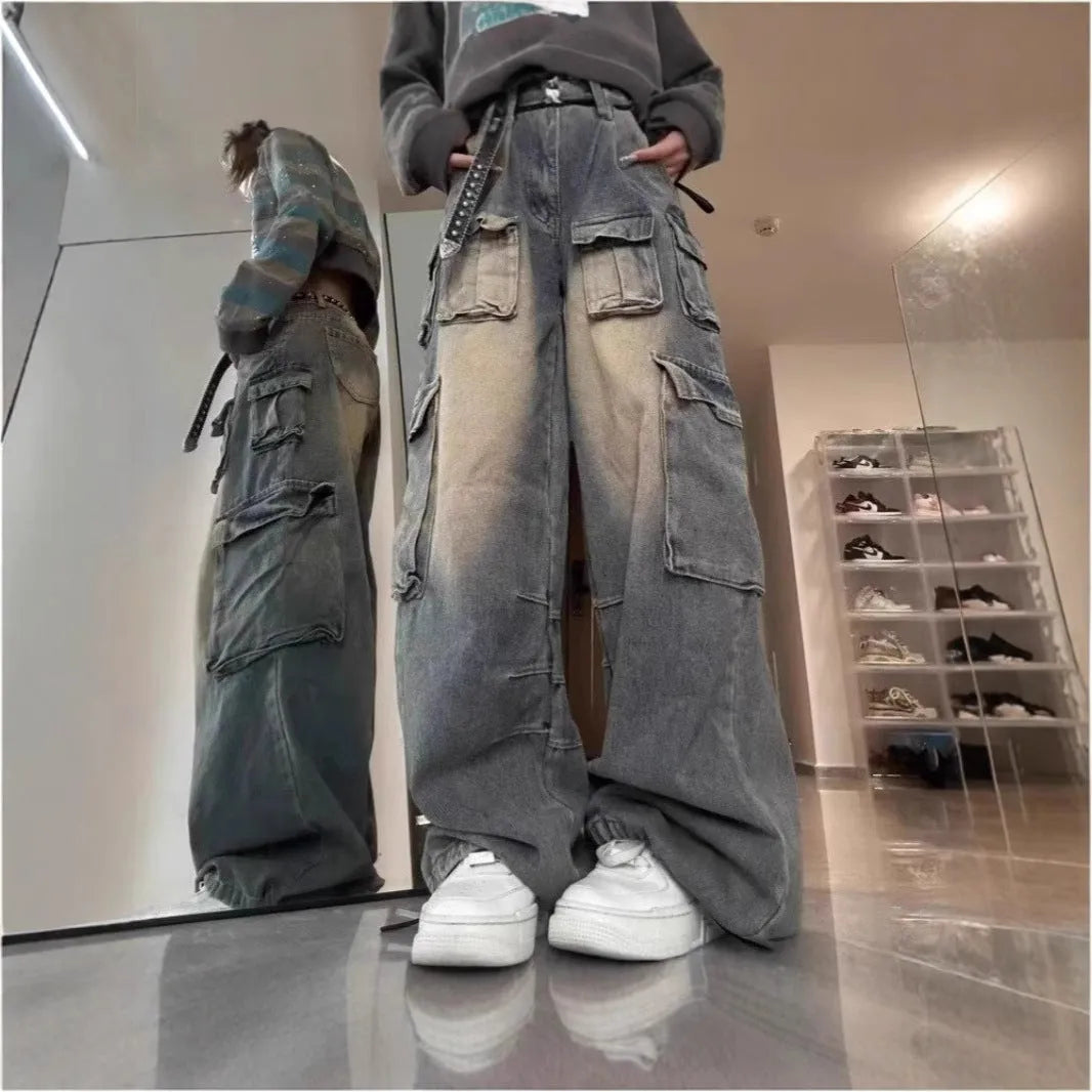 Men's loose fit distressed cargo jeans with multiple pockets in street hipster style