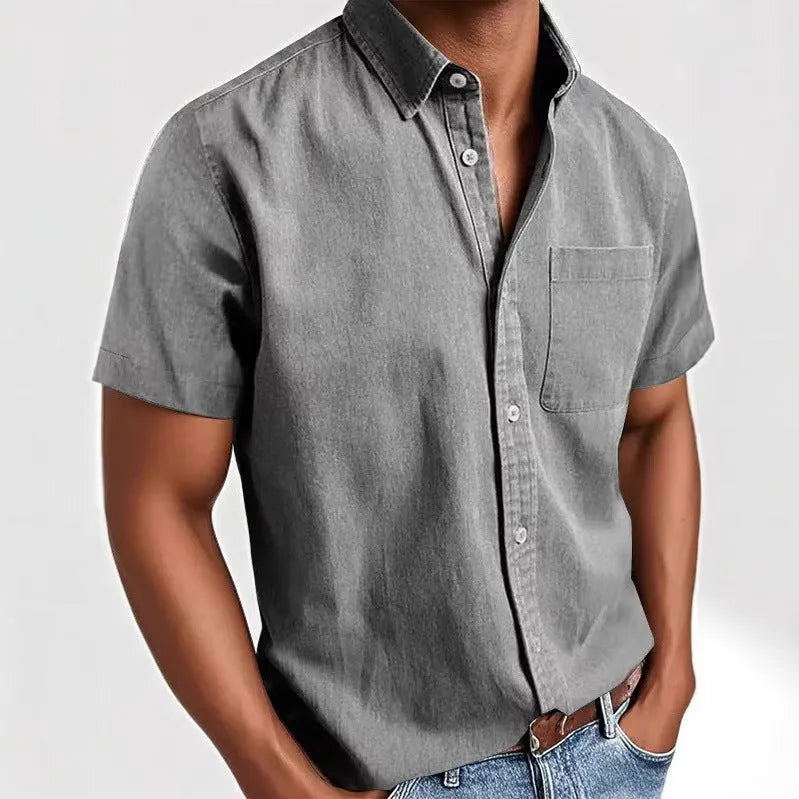 Men's loose fit short sleeve shirt in cotton blend fabric showing single-breasted cardigan styling