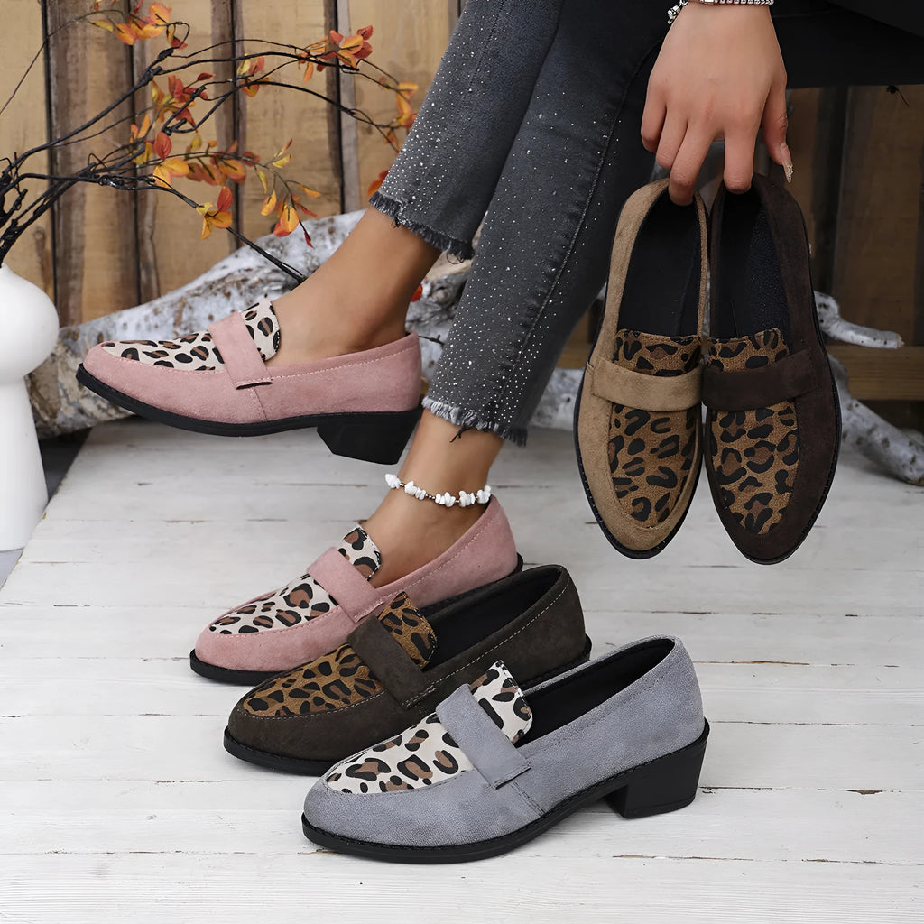 Leopard print suede slip-on shoes with a chunky mid heel and pointed toe in pink, brown, or khaki.