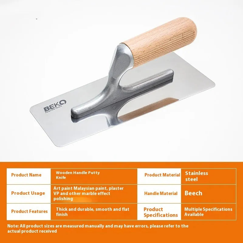 Three stainless steel putty scrapers with wooden handles in different sizes for decorative floor and wall application
