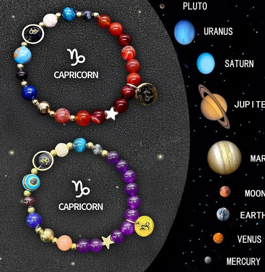 Natural stone beaded bracelets showing zodiac sign designs for all twelve star symbols