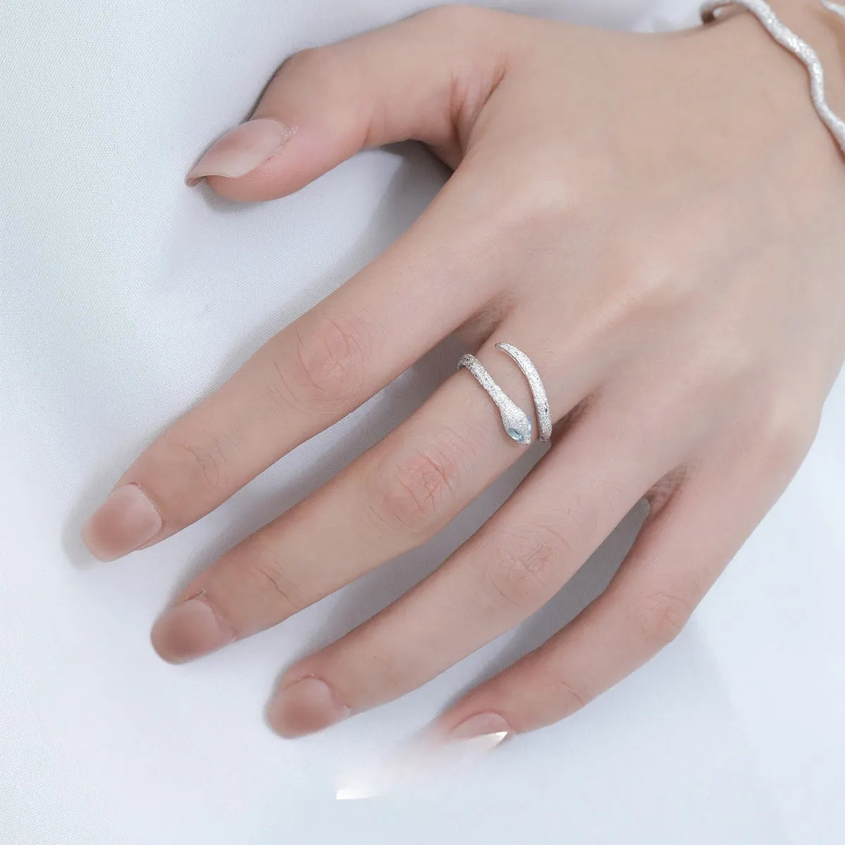 Adjustable opening silver snake zodiac ring with platinum electroplated finish