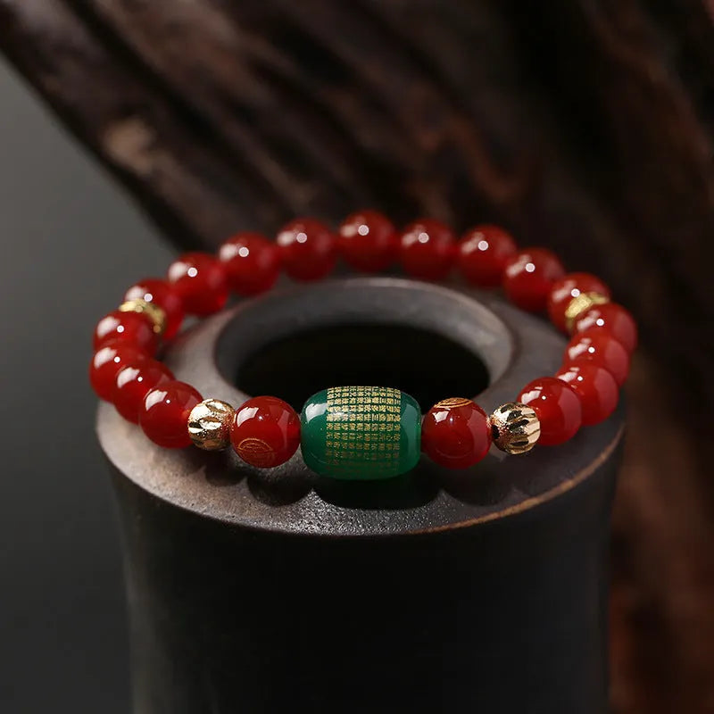 A red agate Guanyin bracelet with edge rosary design and auspicious patterns, unisex New Chinese style.