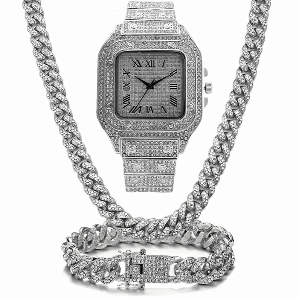 Roman numeral graduation quartz watch set with black mesh band and square dial alongside matching bracelet and necklace