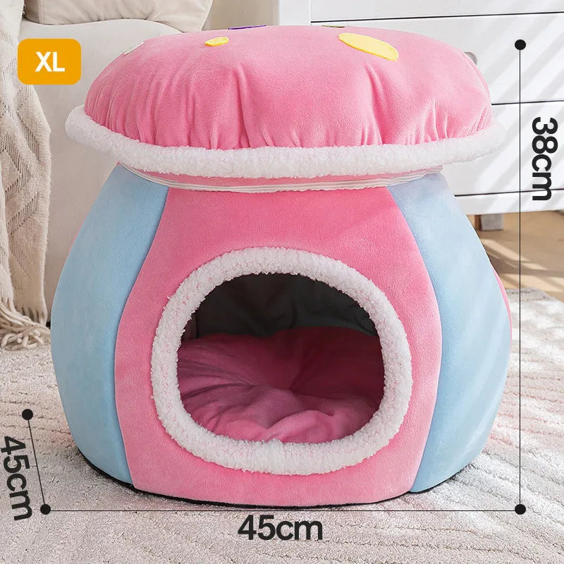Mushroom-shaped cat nest with detachable thermal blanket in rabbit plush material