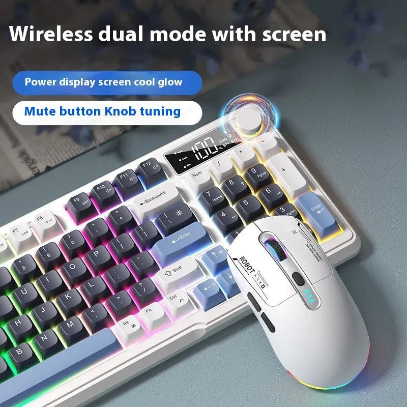 Blue and white wireless mechanical keyboard and mouse set on a desk, showing Type-C cable.