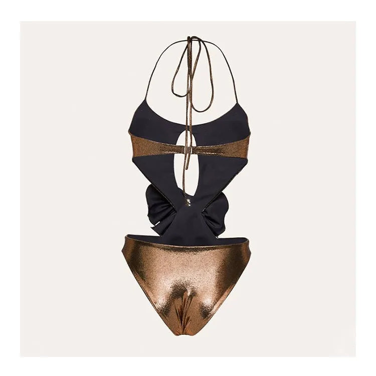 Gold handmade one-piece swimsuit with hollow out design and halter neck