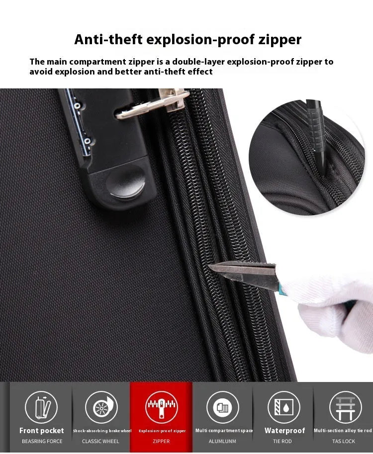 18 inch black Oxford cloth business boarding case with universal wheels and anti-theft features