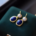 Lapis lazuli pearl earrings in 925 silver with auspicious pattern detailing