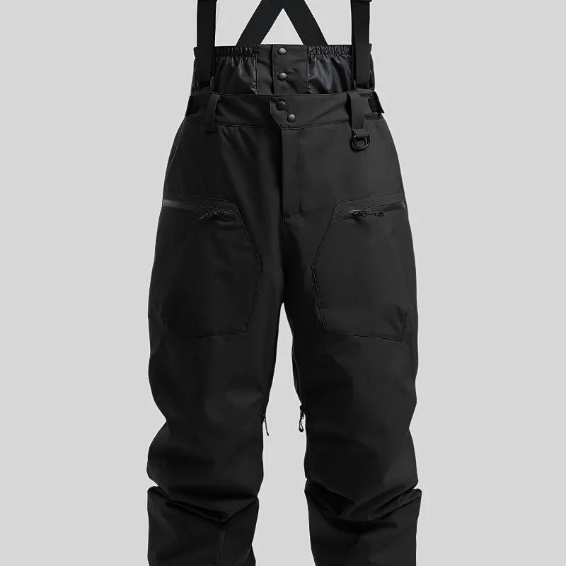 Men's black linen waterproof ski trousers with a thickened strap, laid flat.