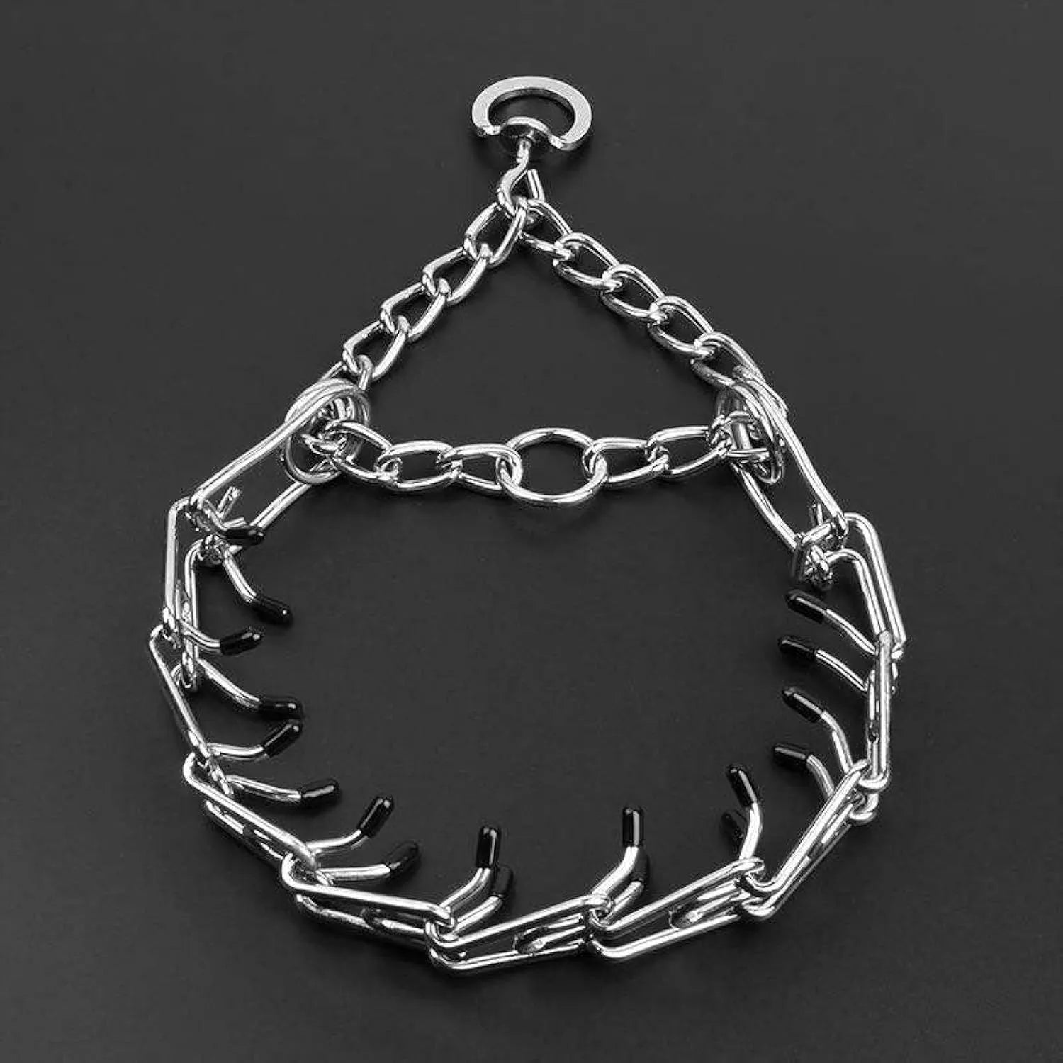 Stainless steel dog prong training collar with round links, rubber tips, shown in adjustable sizes for medium and small dogs.