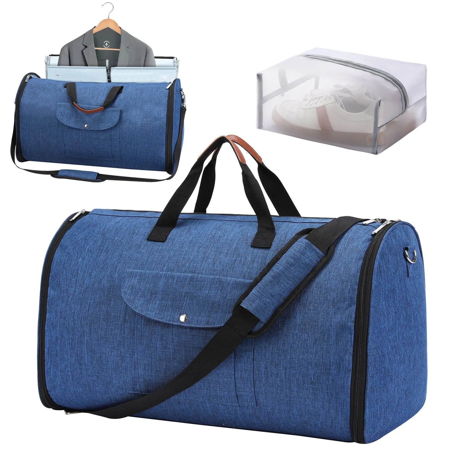 Dark blue folding duffel bag with handles, shown with a capacity of 36-55 litres.