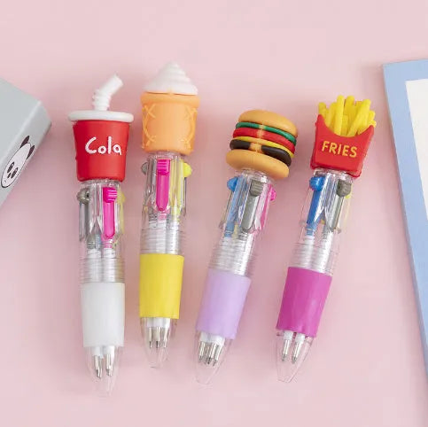 Cute cartoon-themed four-colour press ballpoint pen with 0.7mm tip, showing one random design variant.