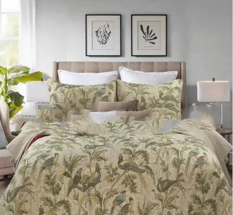Blue American-style cotton bedspread with floral bird pattern and quilting texture