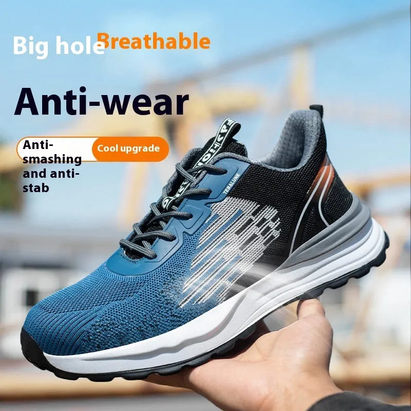 Men's blue safety work shoes with plastic toe cap, Flyknit mesh upper, and non-slip PU sole