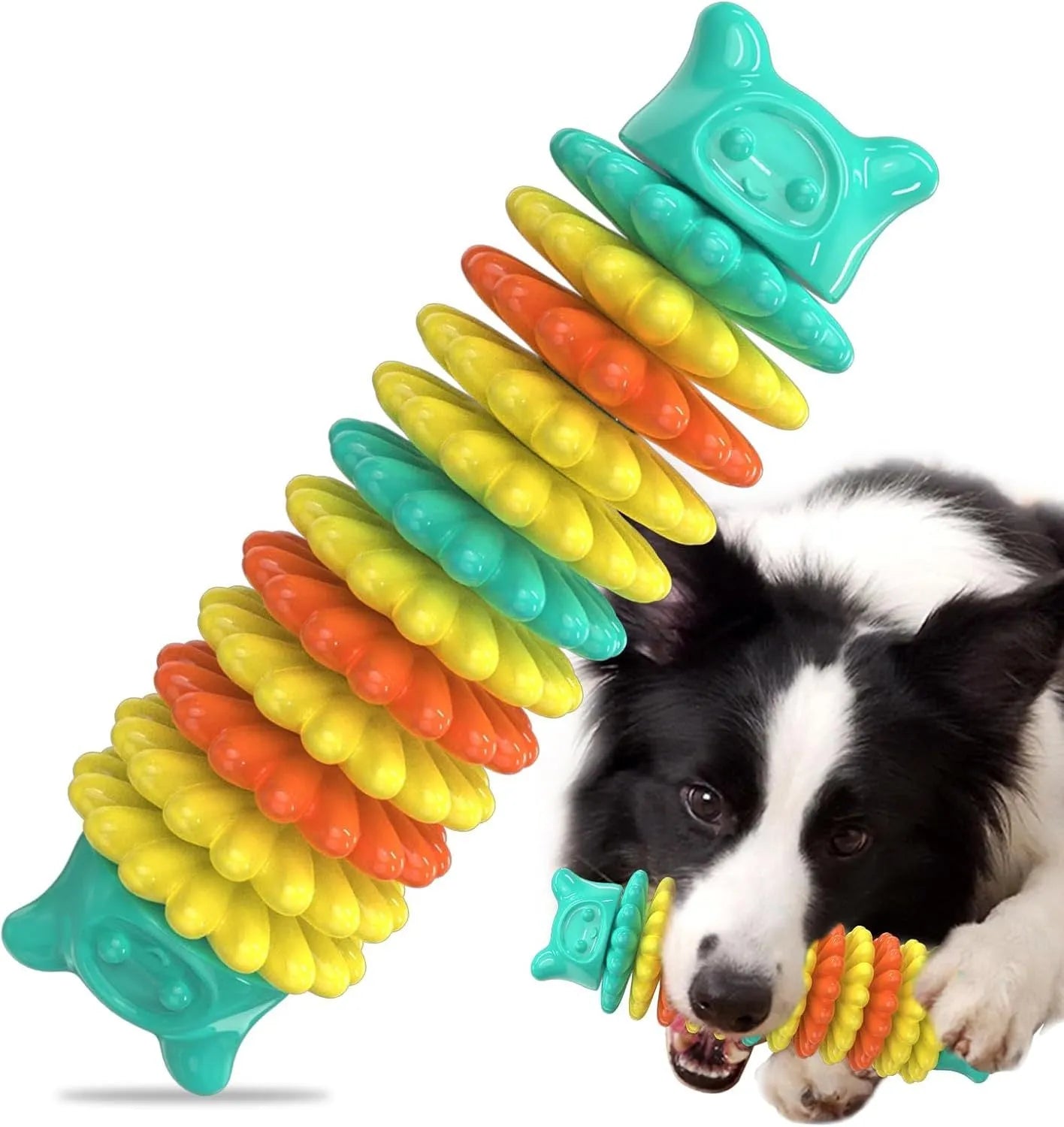 Blue rubber caterpillar-shaped dog chew toy for aggressive chewers