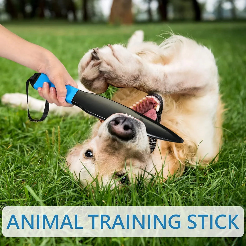 Blue handled dog break stick made of nylon, measuring 35 cm long, for training small and medium dogs.