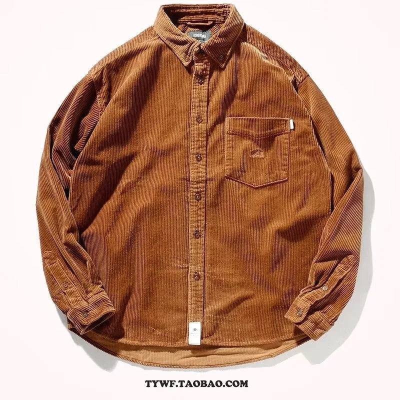 Caramel and grey corduroy loose fit shirt with long sleeves and cardigan style