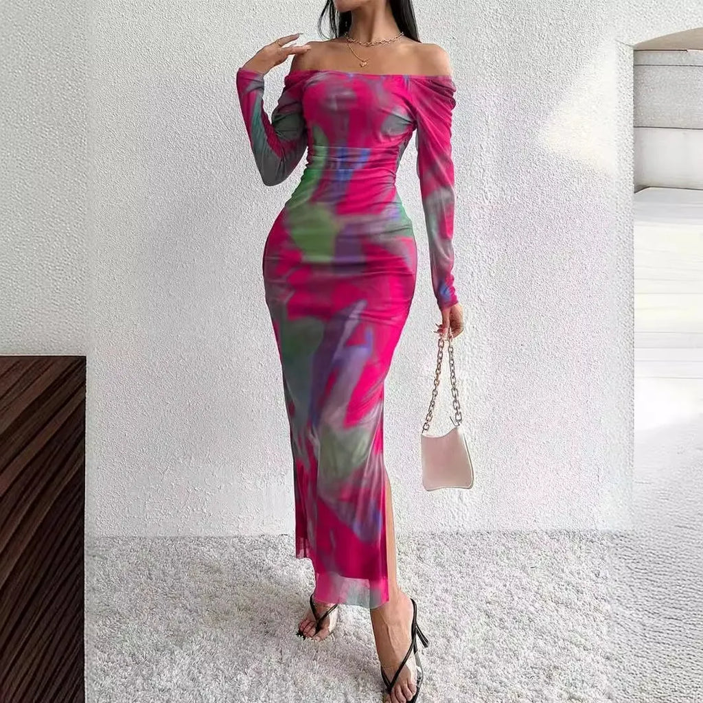 Women's printed pleated fishtail dress with square collar in gradient colour