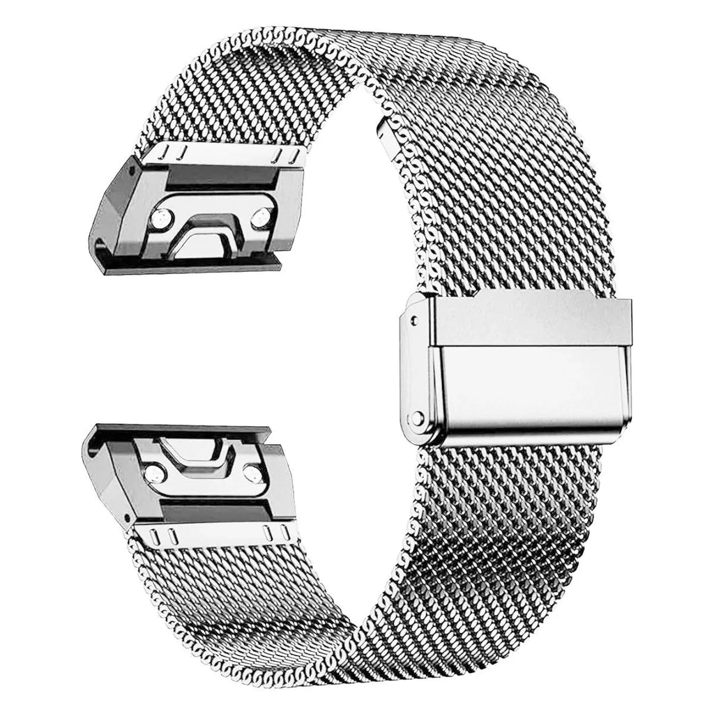 Stainless steel card holder watch strap for Garmin Fenix smartwatch in silver finish.