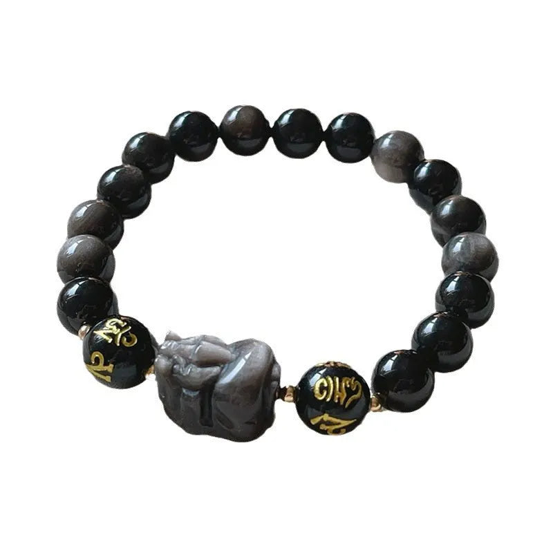Men's silver stone bracelet with Chinese zodiac designs and proverb beading in handcrafted traditional style