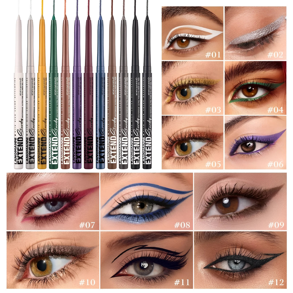 12 colourful gel eyeliner pencils in vibrant shades including glitter and metallic finishes