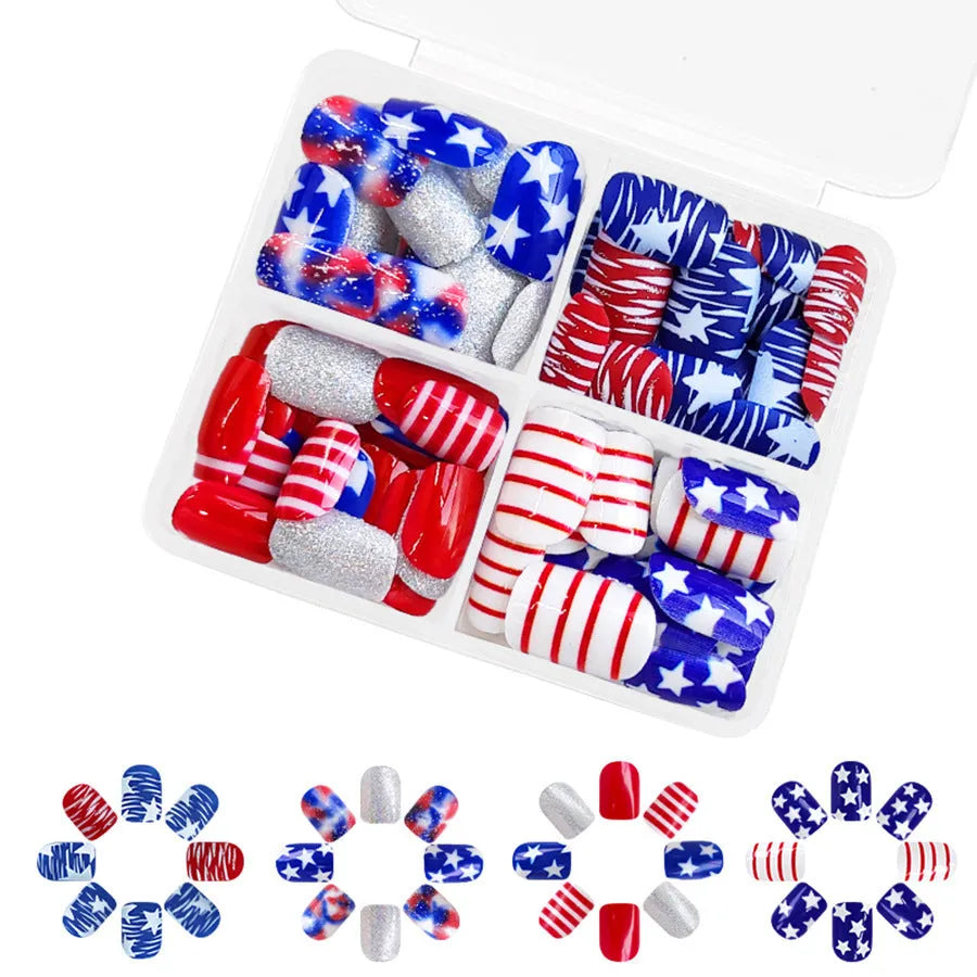 Box of short European square artificial nails with red and blue glitter decoration.