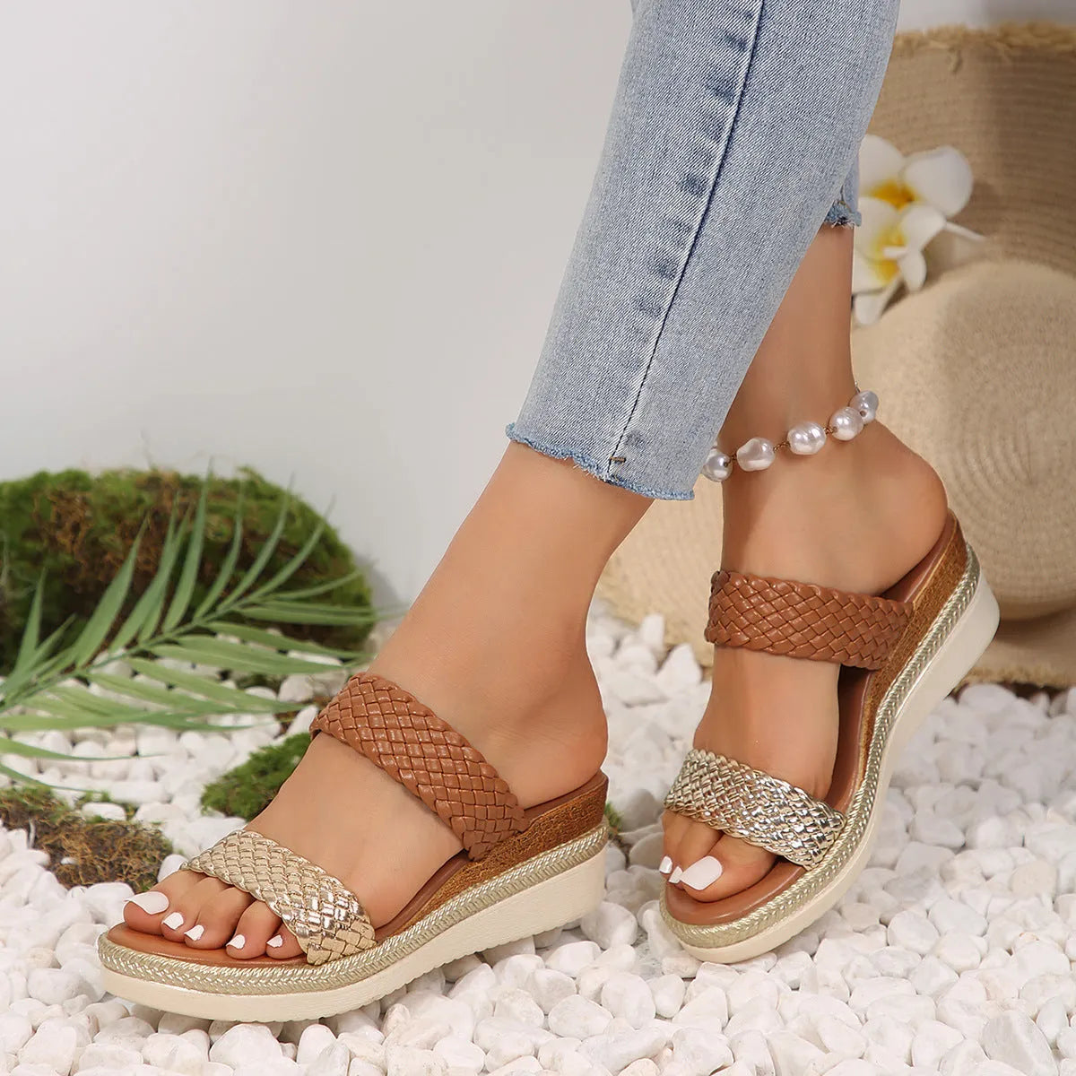 Gold and silver plus size wedge sandals for women with rubber soles in sizes 36-43