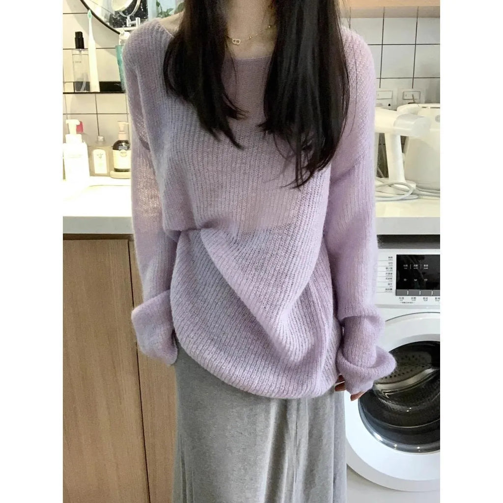 Purple women's blouse with hollow out detail and princess sleeves in lightweight ice silk fabric