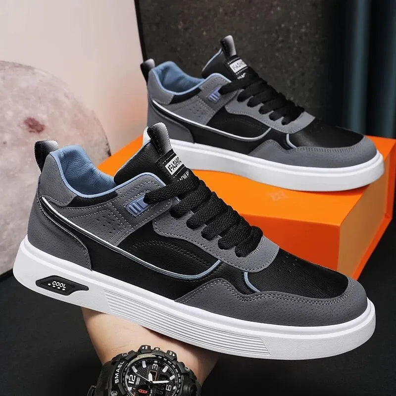 Men's low-top canvas board shoes in black, beige, or gray with mesh lining and round toe