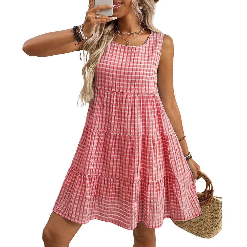Women's loose sleeveless plaid dress with oversized swing skirt in light blue colour