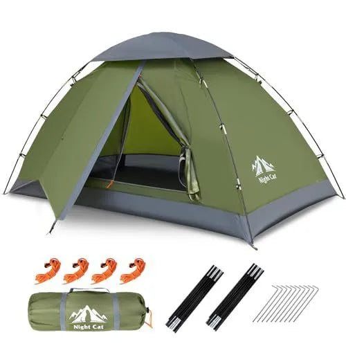 Dark green two-person automatic pop-up camping tent with dimensions 2.9m long by 2m wide