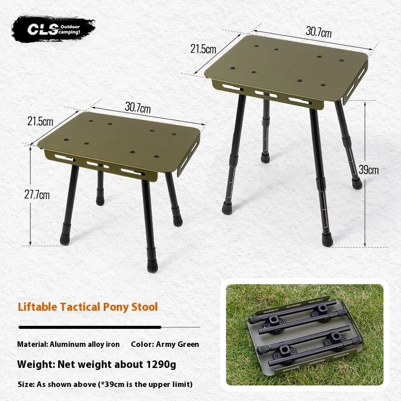CLS Outdoor aluminium folding camping stool with PU cushion next to its bag that converts into a small table.