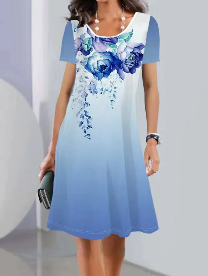 Women's floral printed summer dress with short sleeves and A-line mid-length skirt in ice silk fabric