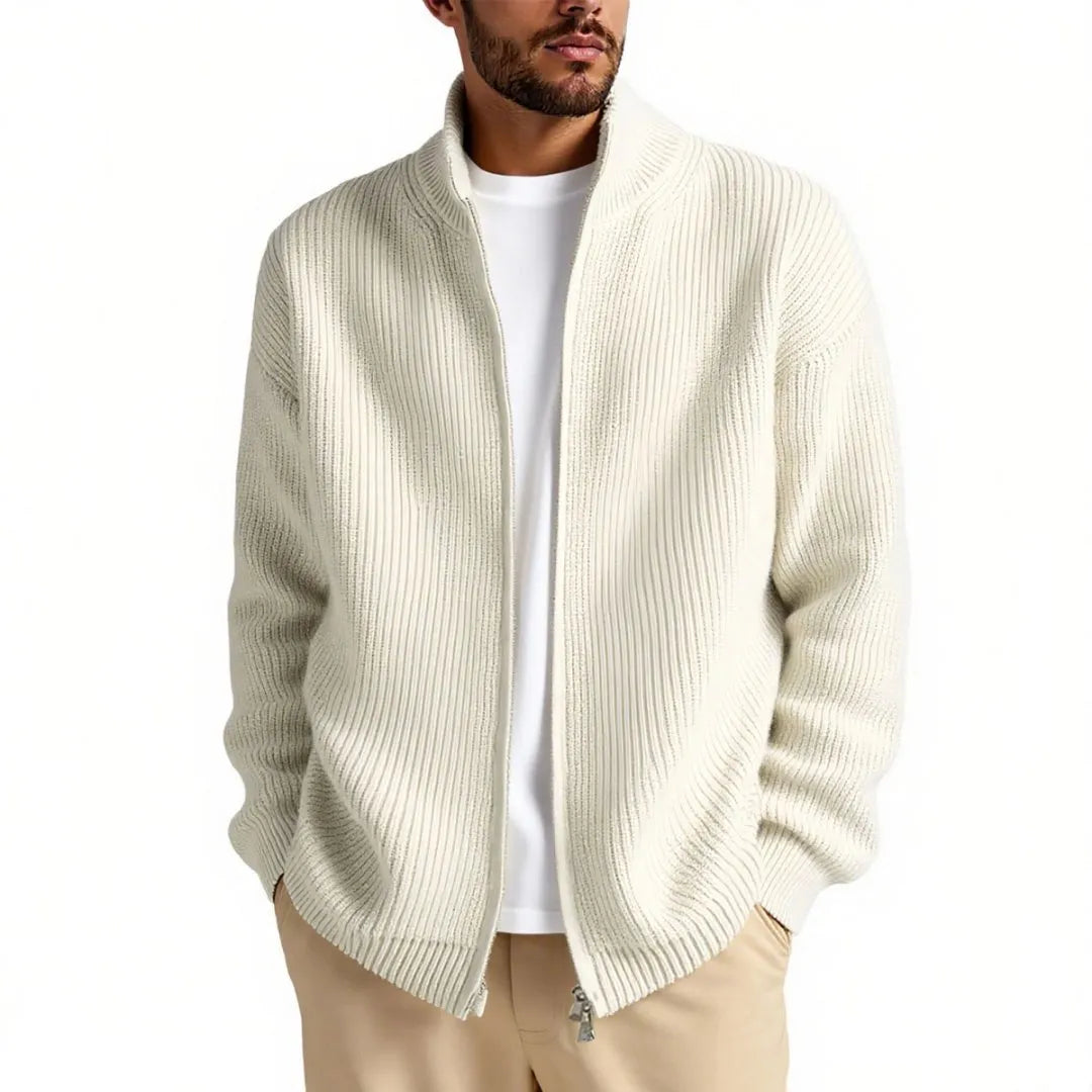 Men's loose-fit cardigan sweater in a grey colour, showing button front and long sleeves.