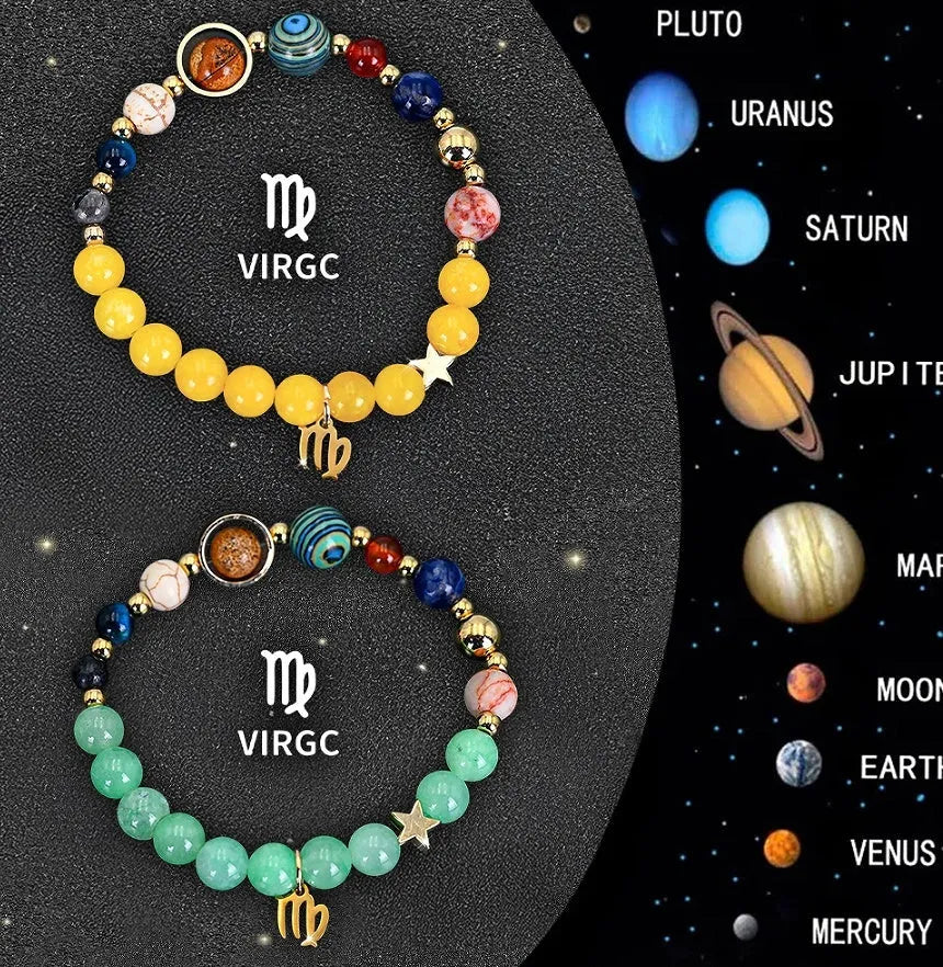 Two natural stone beaded bracelets with zodiac charm pendants on adjustable leather straps