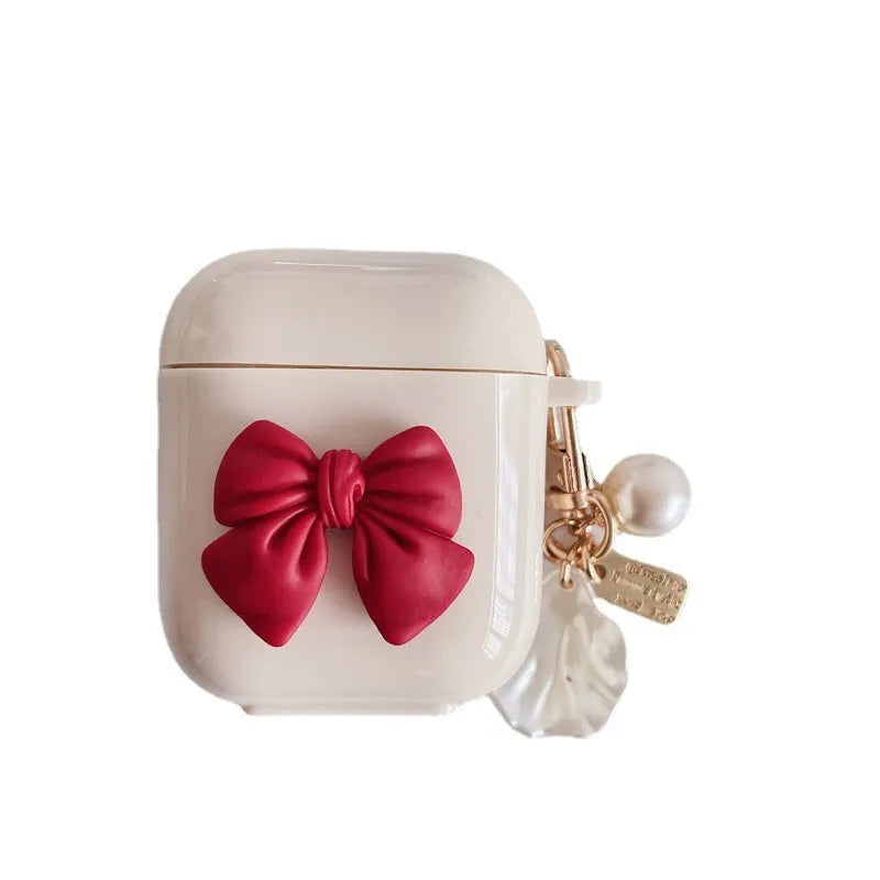 Beige red bow shell wireless earphone case for AirPods with clamshell design