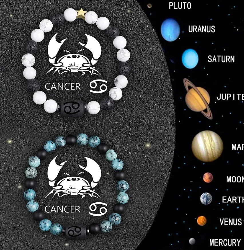 Set of twelve natural stone beaded bracelets showing different zodiac sign designs.