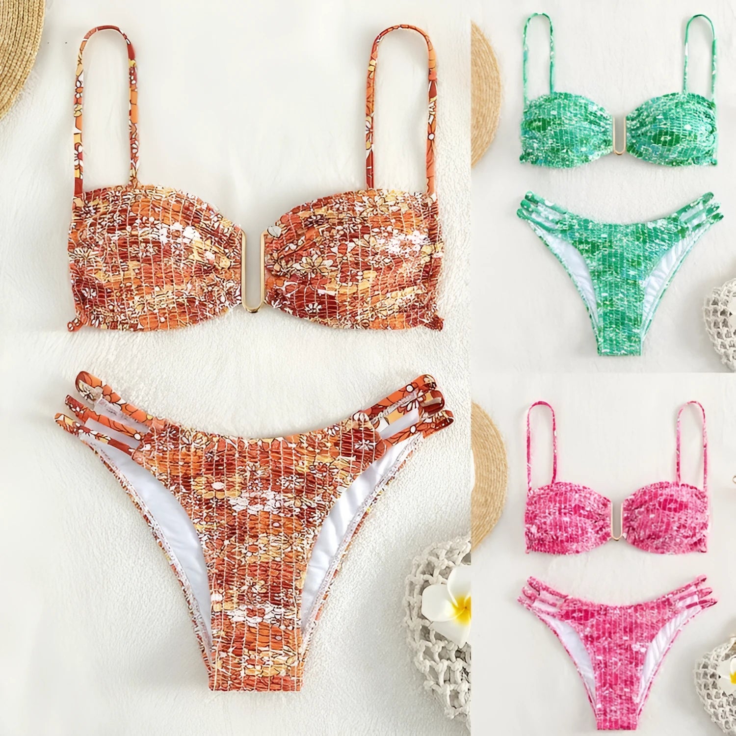 Women's high-waist floral bikini swimsuit on a hanger in blue, orange, pink, and rose red colours.
