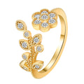 Women's open ring with diamond-treated flower and leaf designs on copper in gold colour option
