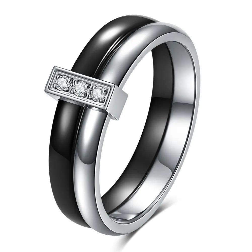 Geometric ceramic women's ring with glossy stitching and zirconium inlay in Steel Black finish