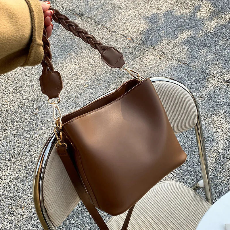 Retro woven texture PU leather crossbody bucket bag in khaki colour with underarm positioning
