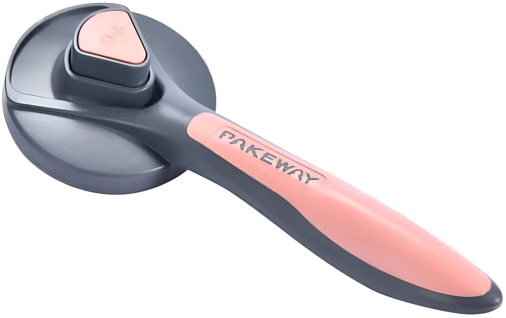 Gray self-cleaning slicker brush for pet grooming with one-click cleaning button on handle