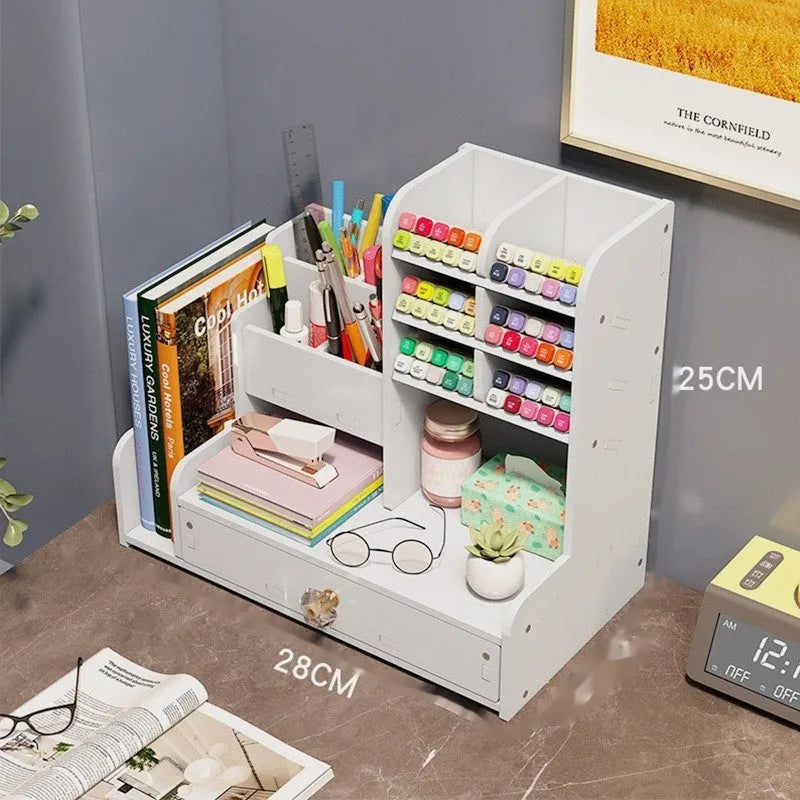 Square plastic pen holder storage box with multiple oblique insertion compartments on a desk.