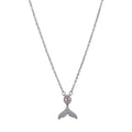 Close-up of a women's sterling silver fishtail pendant necklace on an adjustable O-ring chain.