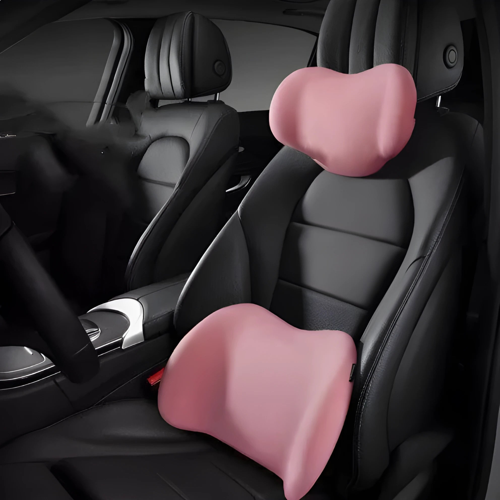 Memory cotton car cushion shown as headrest, back support, and waist cushion in black, green, grey, and pink colours