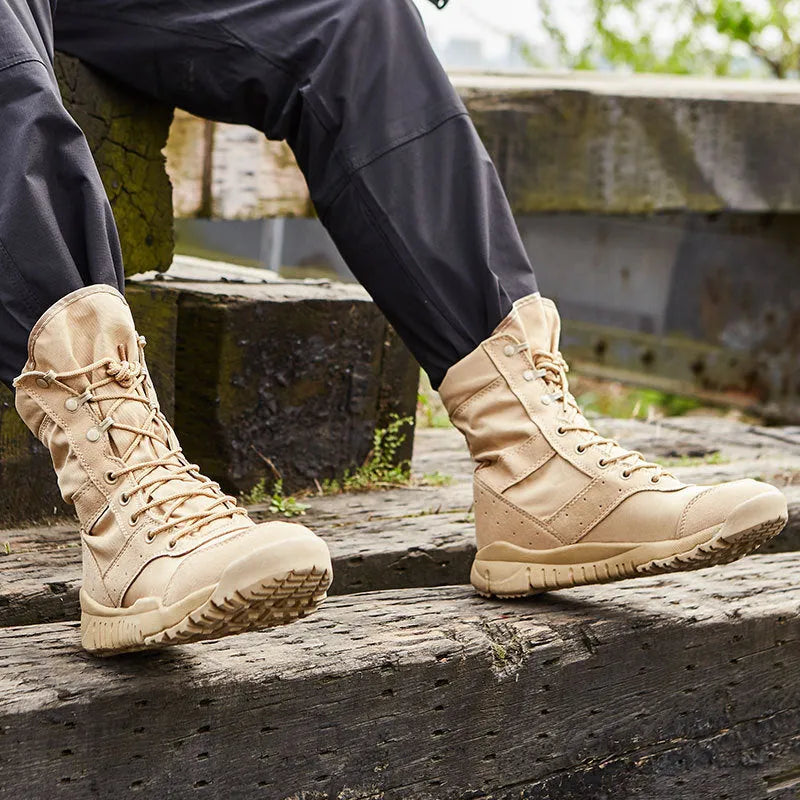 Summer Yulong tactical desert boots in black and sand for hiking and climbing
