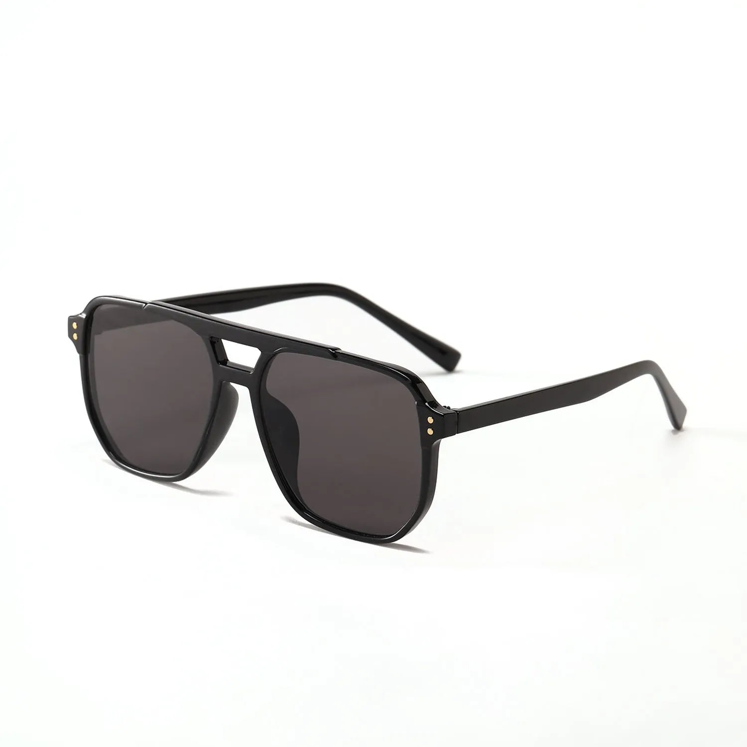 Women's black frame pink lens sunglasses with double square beam design and UV400 protection.