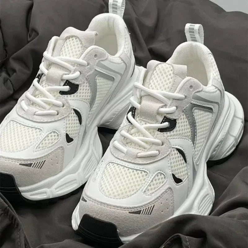 Beige mesh platform sports shoes with a wedge heel and front lace-up design